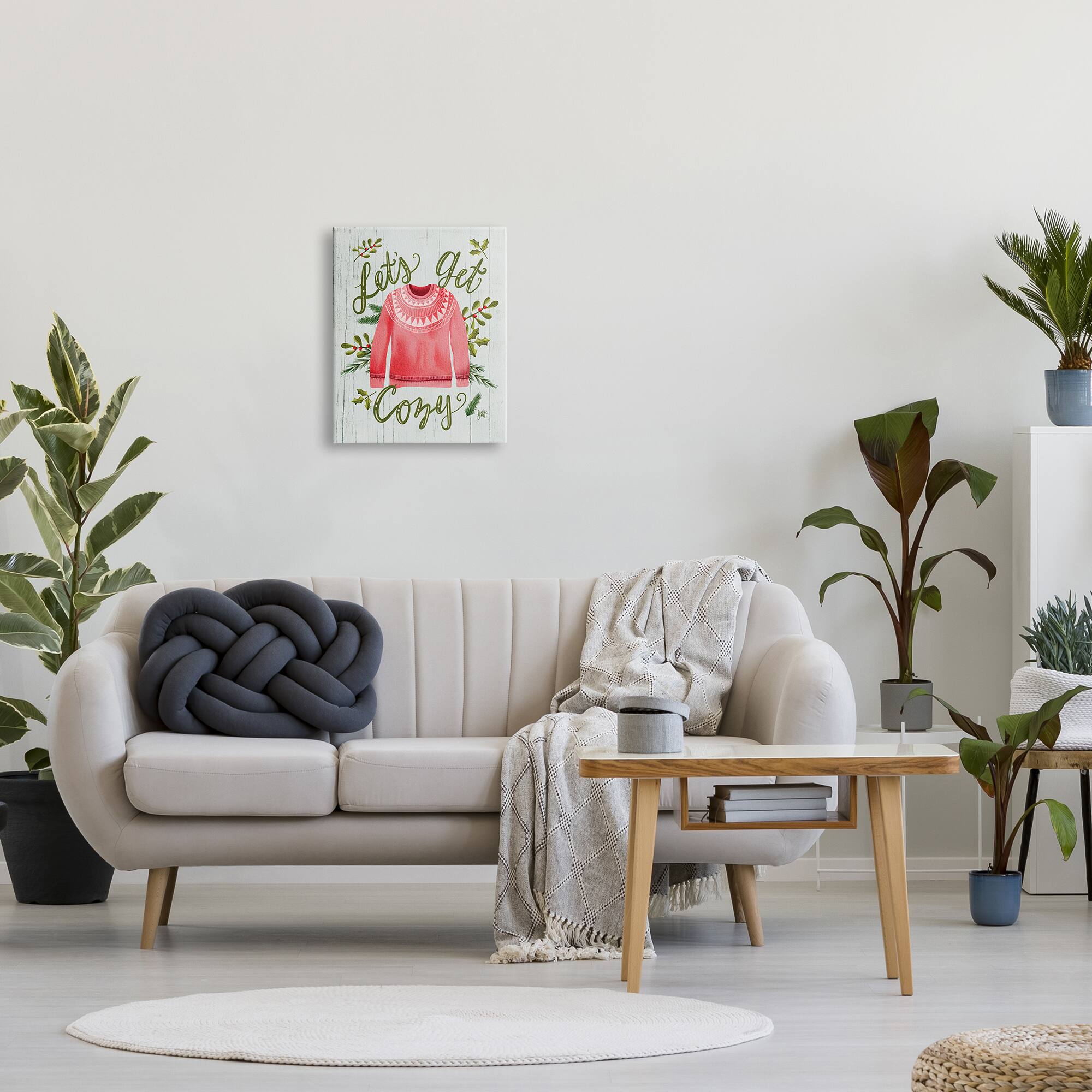 Stupell Industries Let's Get Cozy Holly Plants Pink Winter Sweater Canvas Wall Art